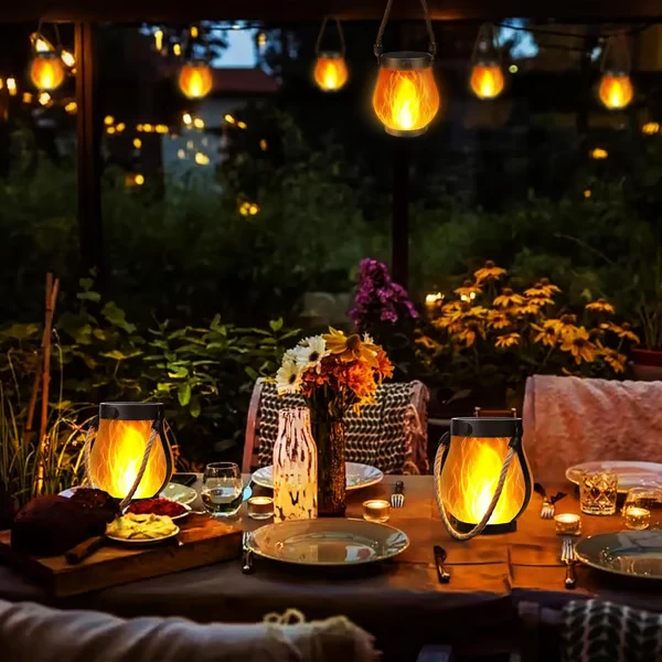 Solar Tuinlantaarn met Flakkerend Vlameffect Buitenverlichting Oplaadbaar Decoratief Metaal Brons Tuin | Sansoti