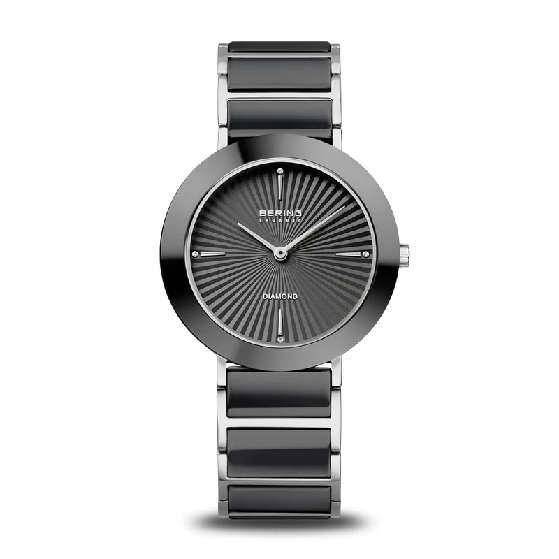 Bering Ceramic 11435-702 Damenuhr Schwarz-Silber • Saphirglas • Vier echte Diamanten