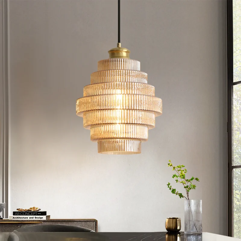 Hanglamp Glas Geribbeld Messing Gelaagd Woonkamer Eettafel Sfeerverlichting Vintage Design | Sansoti