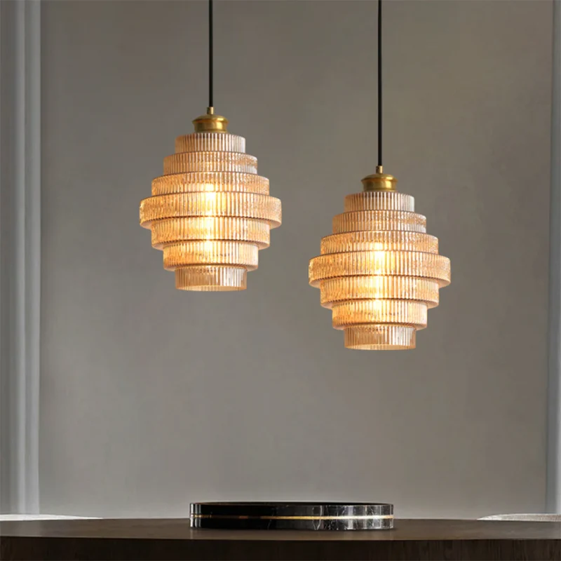 Hanglamp Glas Geribbeld Messing Gelaagd Woonkamer Eettafel Sfeerverlichting Vintage Design | Sansoti