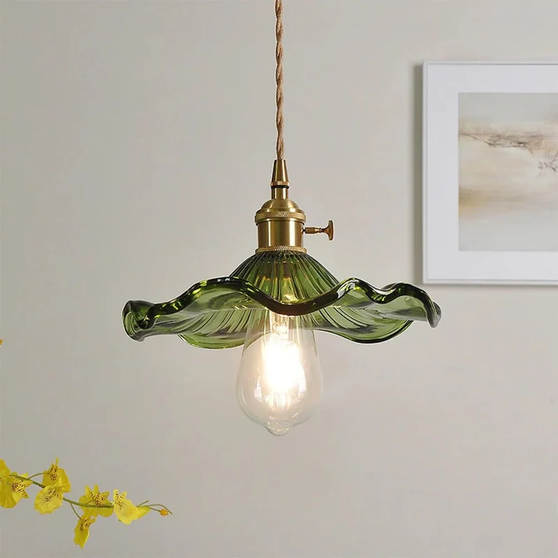 Hanglamp Glas E27 23cm Groen Messing Bloemvorm Eettafel Slaapkamer Retro Verlichting Vintage Hanglamp | Sansoti
