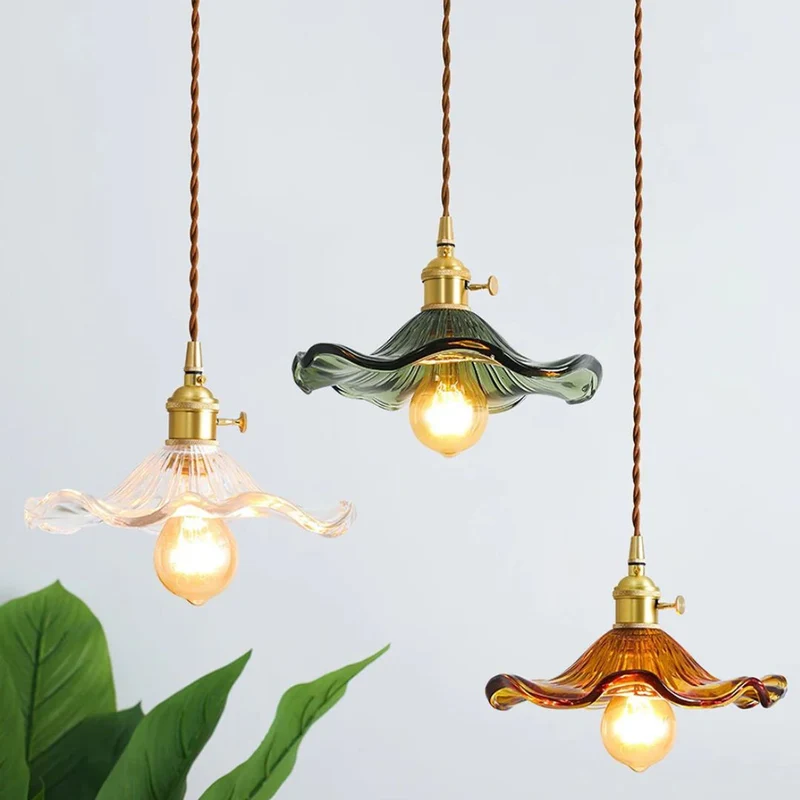 Hanglamp Glas E27 23cm Groen Messing Bloemvorm Eettafel Slaapkamer Retro Verlichting Vintage Hanglamp | Sansoti