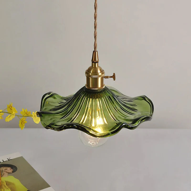 Hanglamp Glas E27 23cm Groen Messing Bloemvorm Eettafel Slaapkamer Retro Verlichting Vintage Hanglamp | Sansoti
