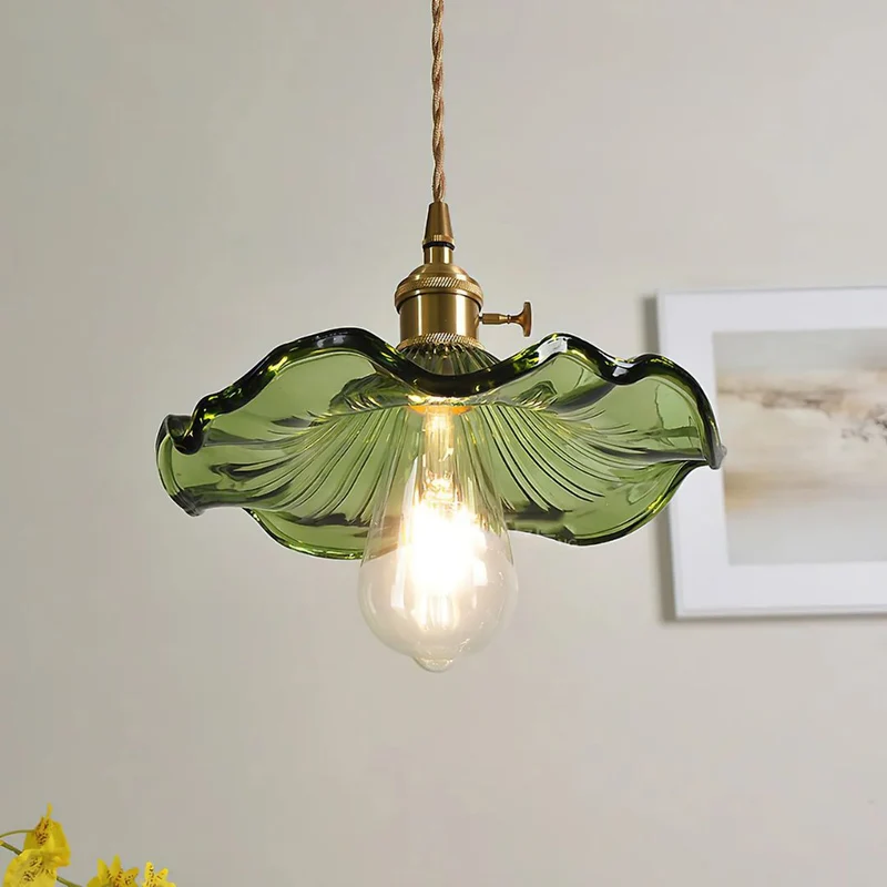 Hanglamp Glas E27 23cm Groen Messing Bloemvorm Eettafel Slaapkamer Retro Verlichting Vintage Hanglamp | Sansoti