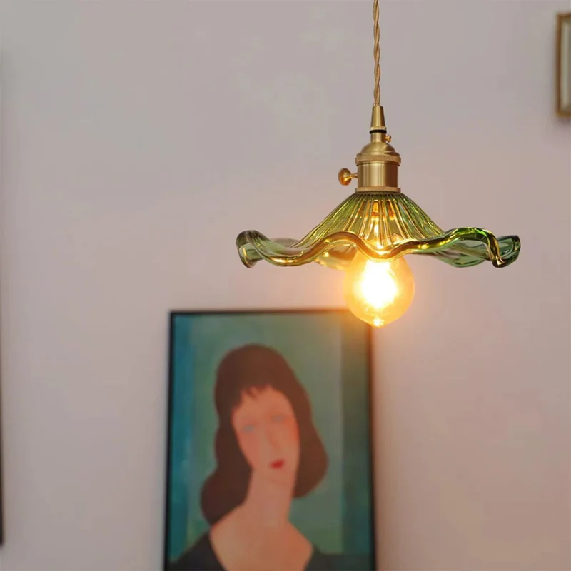 Hanglamp Glas E27 23cm Groen Messing Bloemvorm Eettafel Slaapkamer Retro Verlichting Vintage Hanglamp | Sansoti