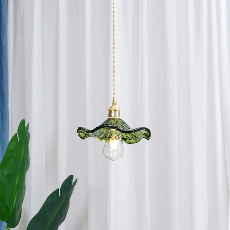 Hanglamp Glas E27 23cm Groen Messing Bloemvorm Eettafel Slaapkamer Retro Verlichting Vintage Hanglamp | Sansoti