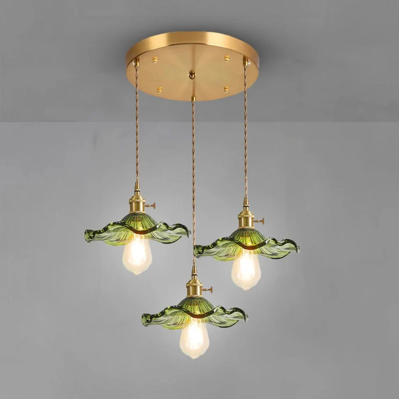 Hanglamp Glas E27 23cm Groen Messing Bloemvorm Eettafel Slaapkamer Retro Verlichting Vintage Hanglamp | Sansoti