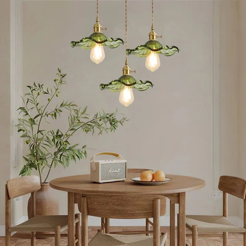 Hanglamp Glas E27 23cm Groen Messing Bloemvorm Eettafel Slaapkamer Retro Verlichting Vintage Hanglamp | Sansoti