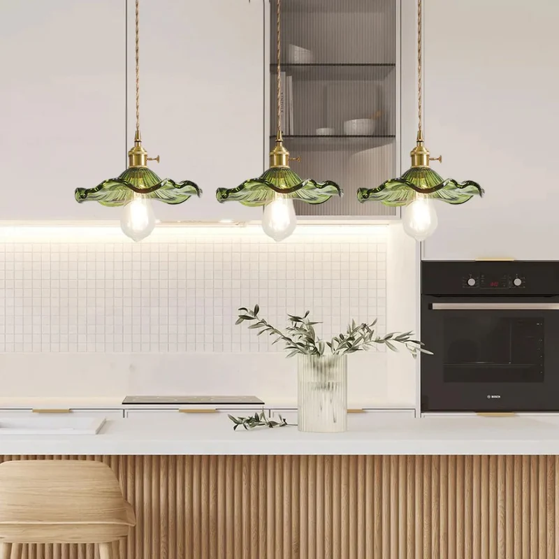 Hanglamp Glas E27 23cm Groen Messing Bloemvorm Eettafel Slaapkamer Retro Verlichting Vintage Hanglamp | Sansoti