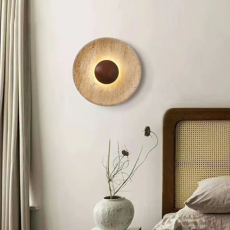 Wandlamp Travertin Hout Rond Warm Licht Woonkamer Slaapkamer Hal Natuursteen Design Wandverlichting Binnen | Sansoti