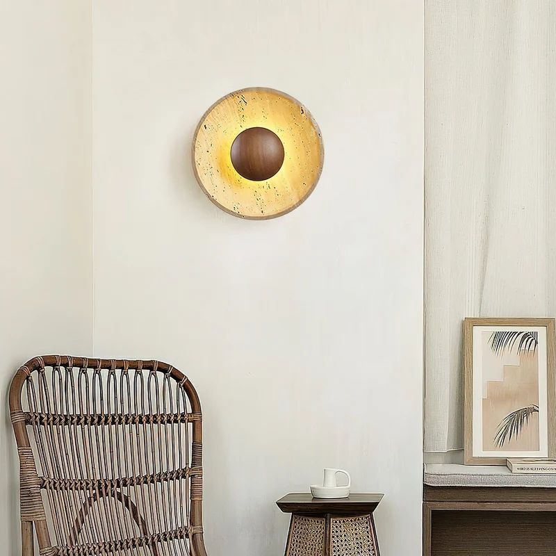 Wandlamp Travertin Hout Rond Warm Licht Woonkamer Slaapkamer Hal Natuursteen Design Wandverlichting Binnen | Sansoti