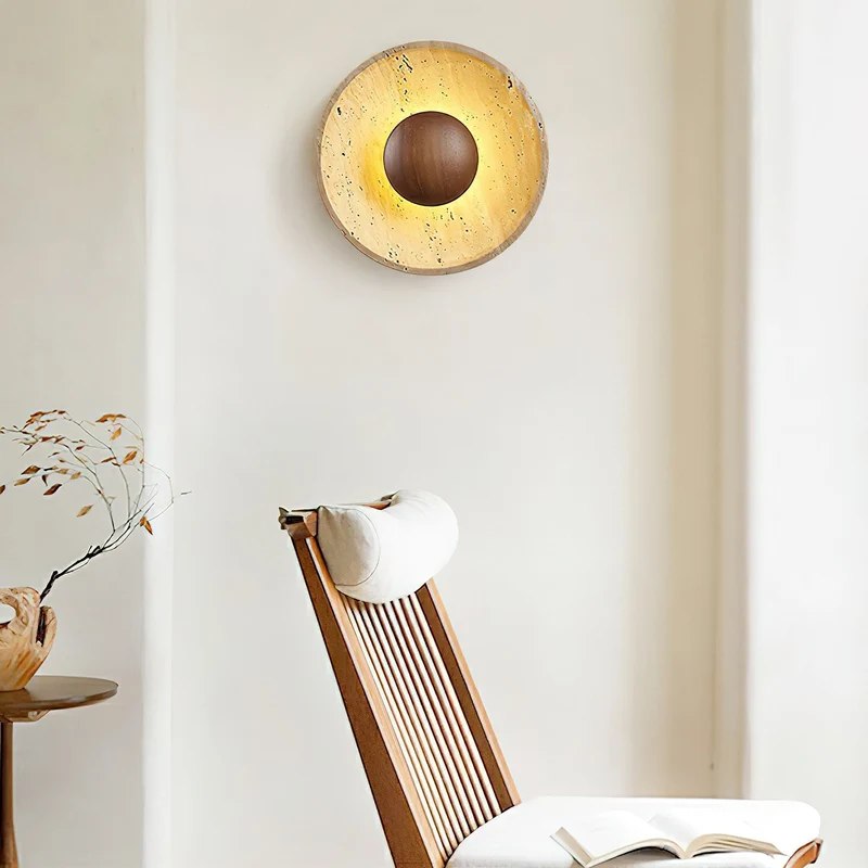Wandlamp Travertin Hout Rond Warm Licht Woonkamer Slaapkamer Hal Natuursteen Design Wandverlichting Binnen | Sansoti