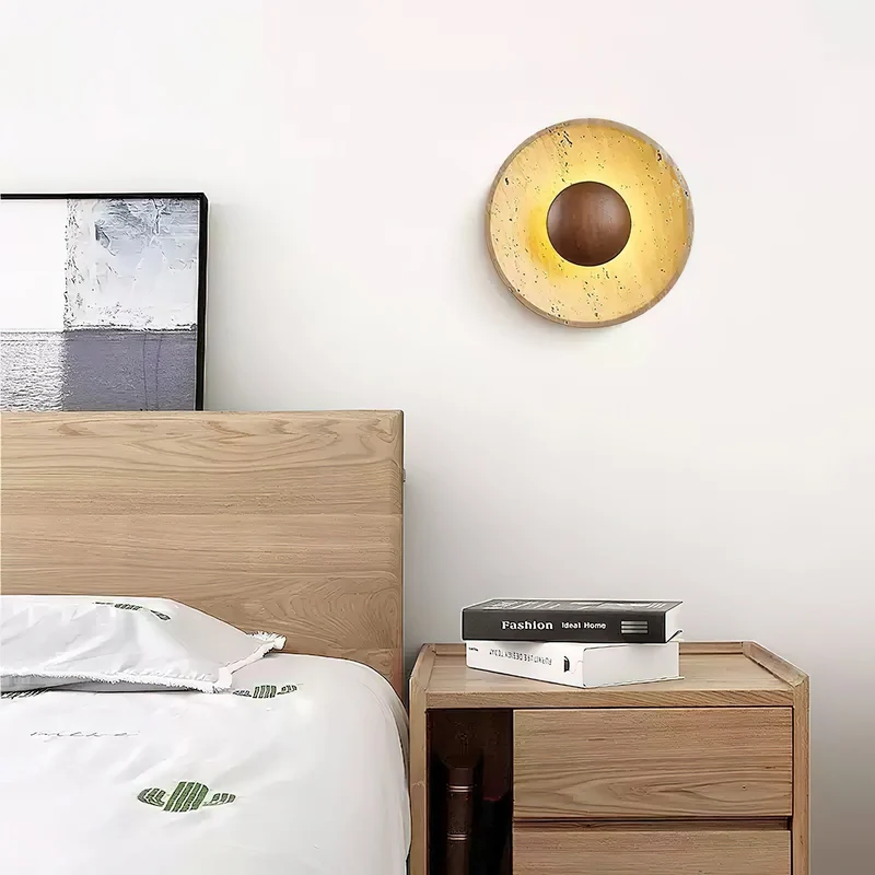 Wandlamp Travertin Hout Rond Warm Licht Woonkamer Slaapkamer Hal Natuursteen Design Wandverlichting Binnen | Sansoti