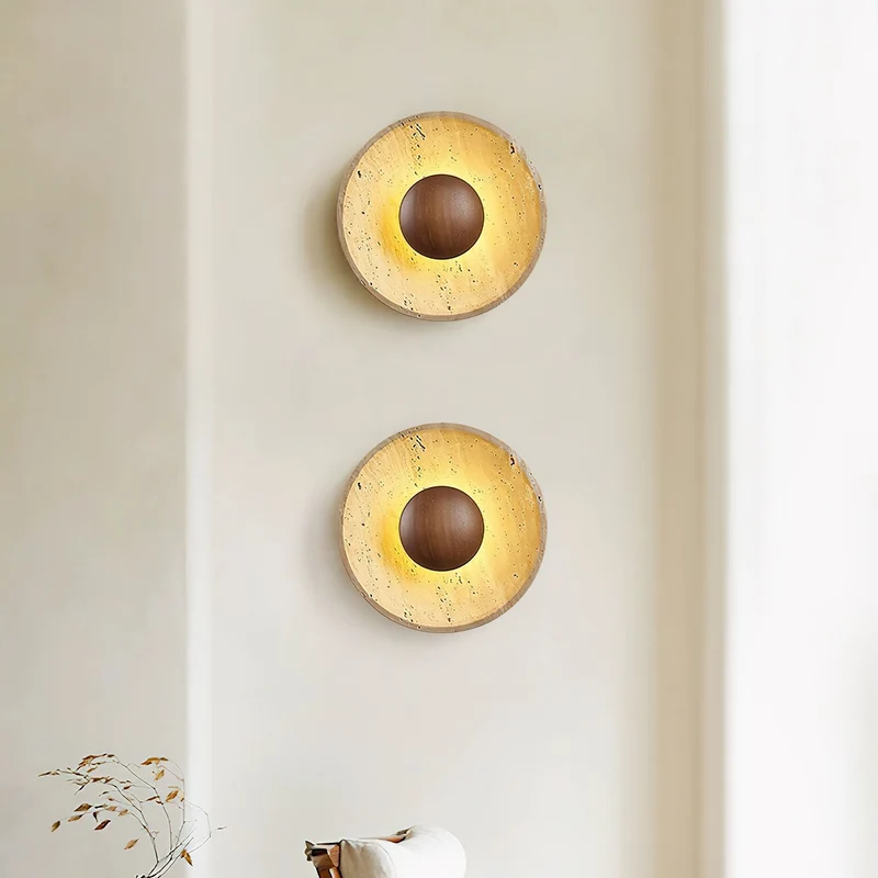 Wandlamp Travertin Hout Rond Warm Licht Woonkamer Slaapkamer Hal Natuursteen Design Wandverlichting Binnen | Sansoti