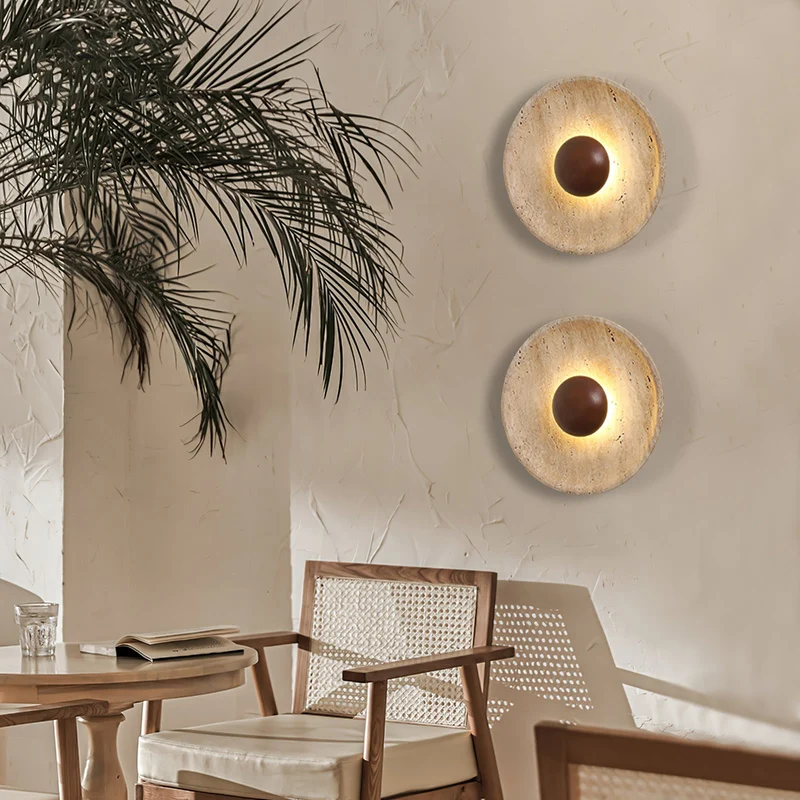 Wandlamp Travertin Hout Rond Warm Licht Woonkamer Slaapkamer Hal Natuursteen Design Wandverlichting Binnen | Sansoti