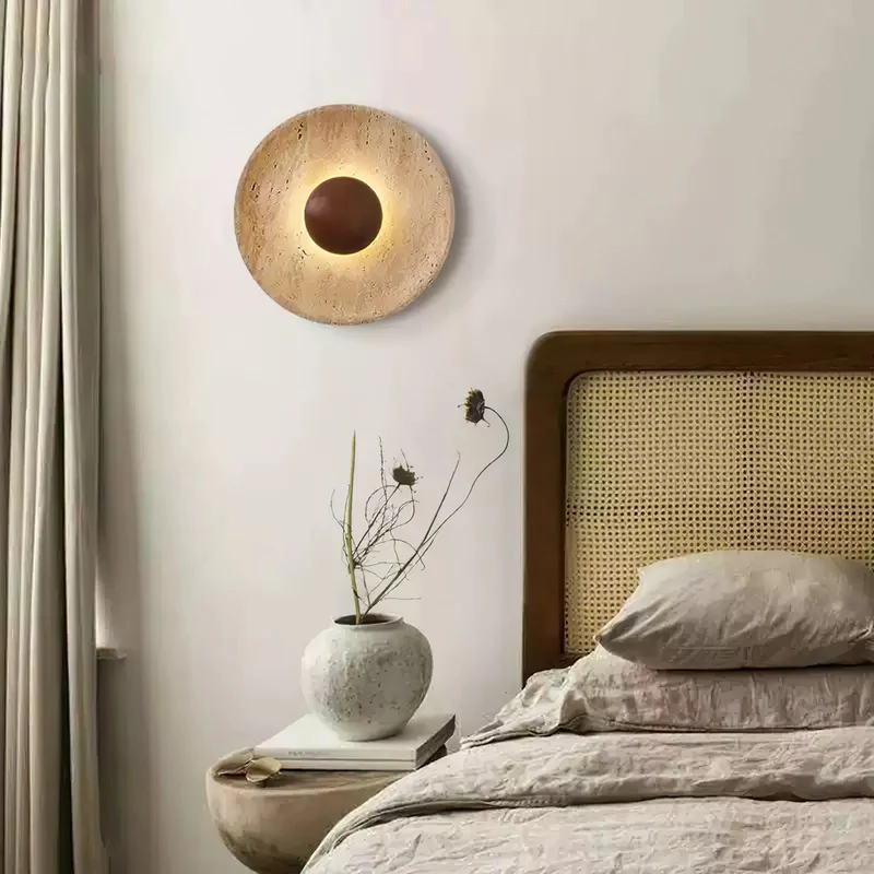 Wandlamp Travertin Hout Rond Warm Licht Woonkamer Slaapkamer Hal Natuursteen Design Wandverlichting Binnen | Sansoti