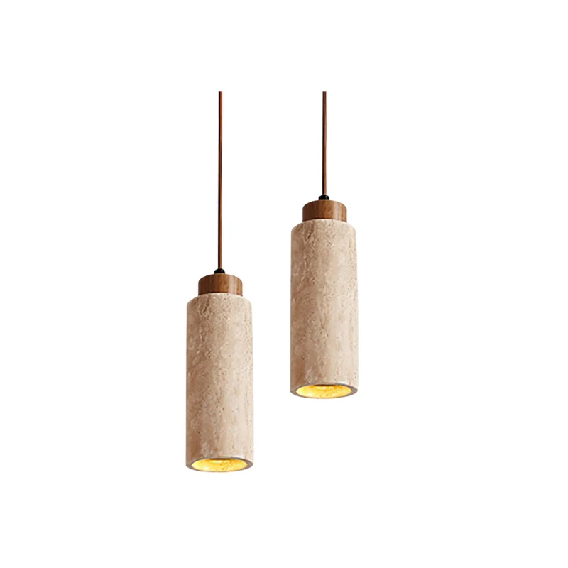 Hanglamp Travertijn Cilinder Hout LED Beige Eettafel Woonkamer Natuurlijke Steen Minimalistisch Design Verlichting Japandi Interieur | Sansoti