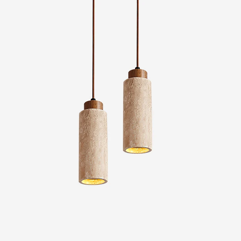Hanglamp Travertijn Cilinder Hout LED Beige Eettafel Woonkamer Natuurlijke Steen Minimalistisch Design Verlichting Japandi Interieur | Sansoti