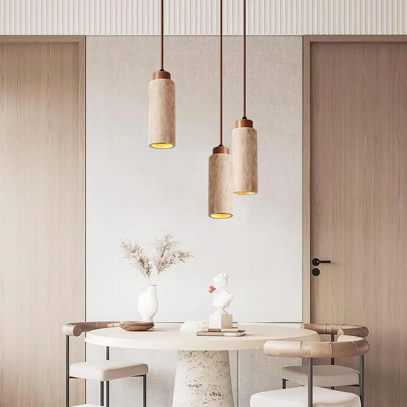 Hanglamp Travertijn Cilinder Hout LED Beige Eettafel Woonkamer Natuurlijke Steen Minimalistisch Design Verlichting Japandi Interieur | Sansoti