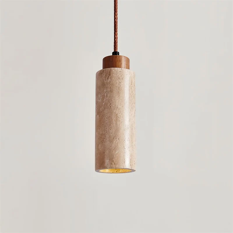 Hanglamp Travertijn Cilinder Hout LED Beige Eettafel Woonkamer Natuurlijke Steen Minimalistisch Design Verlichting Japandi Interieur | Sansoti