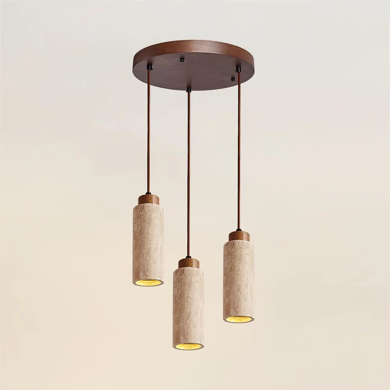 Hanglamp Travertijn Cilinder Hout LED Beige Eettafel Woonkamer Natuurlijke Steen Minimalistisch Design Verlichting Japandi Interieur | Sansoti