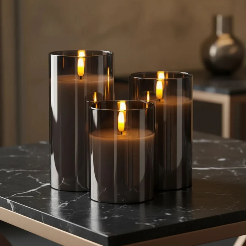 LED kaarsen met afstandsbediening glas zwart sfeer verlichting set timer modern interieur woonkamer slaapkamer decoratie realistisch vlam effect | Sansoti