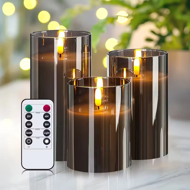 LED kaarsen met afstandsbediening glas zwart sfeer verlichting set timer modern interieur woonkamer slaapkamer decoratie realistisch vlam effect | Sansoti