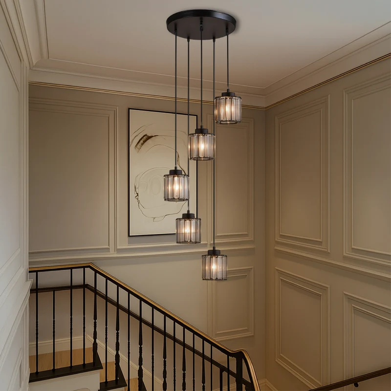 Ida kristallen trappenkroonluchter glas metaal zwart trap verlichting foyer hanglamp modern kristal lamp hoog plafond | Sansoti