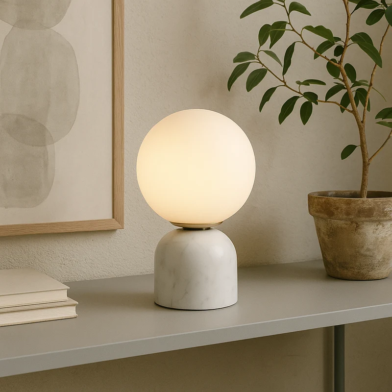 Hindsa Tafellamp Marmer Glas Ø15xH9 Warm Licht 3000K Tafellamp Nachtkastje Woonkamer Design Verlichting Minimalistisch Scandinavisch | Sansoti