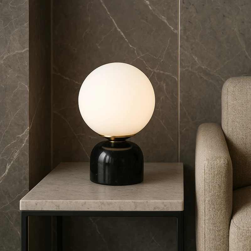 Hindsa Tafellamp Marmer Glas Ø15xH9 Warm Licht 3000K Tafellamp Nachtkastje Woonkamer Design Verlichting Minimalistisch Scandinavisch | Sansoti