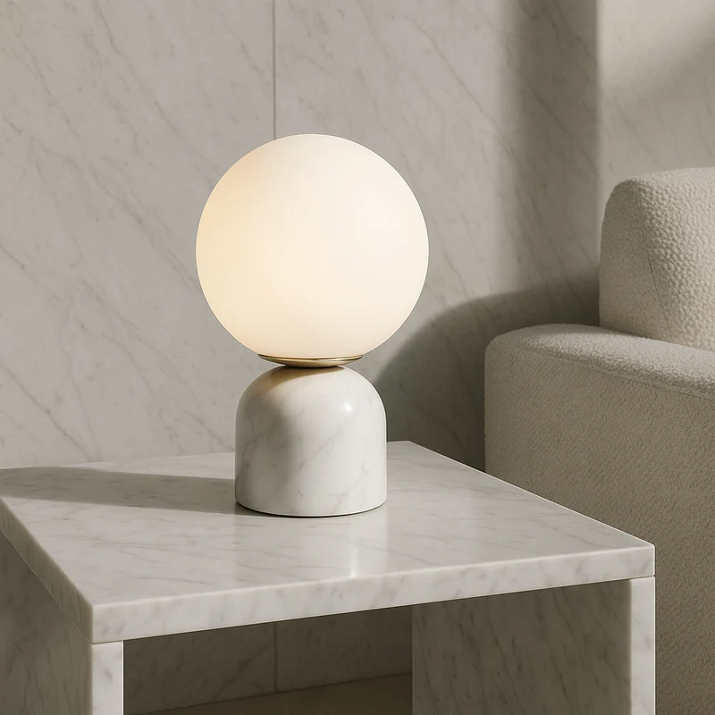 Hindsa Tafellamp Marmer Glas Ø15xH9 Warm Licht 3000K Tafellamp Nachtkastje Woonkamer Design Verlichting Minimalistisch Scandinavisch | Sansoti