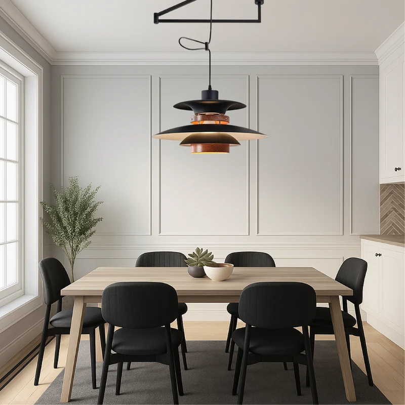 Merado zwenkarm hanglamp metaal hout zwart eetkamer verlichting verstelbaar Scandinavisch design hanglamp moderne pendant lamp | Sansoti