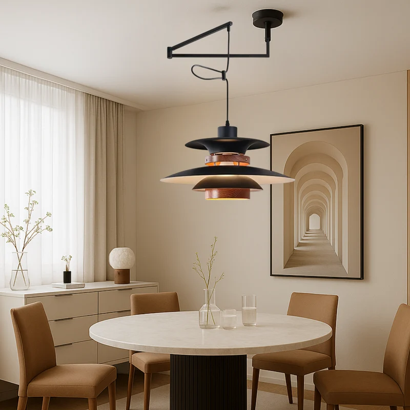 Merado zwenkarm hanglamp metaal hout zwart eetkamer verlichting verstelbaar Scandinavisch design hanglamp moderne pendant lamp | Sansoti
