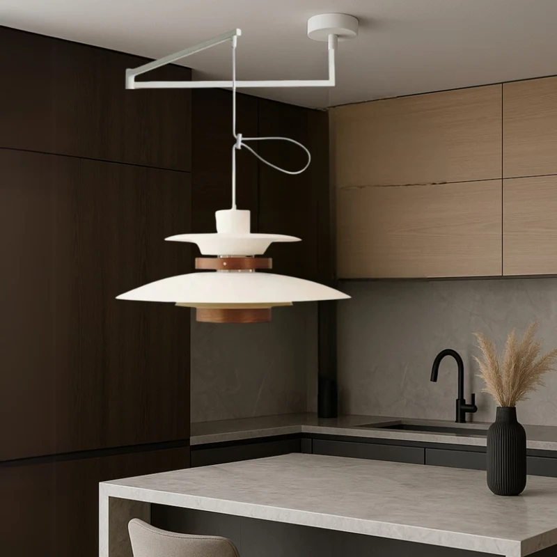 Merado zwenkarm hanglamp metaal hout zwart eetkamer verlichting verstelbaar Scandinavisch design hanglamp moderne pendant lamp | Sansoti