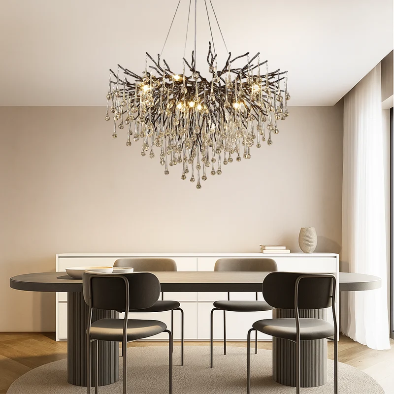 Zwarte kroonluchter raindrop aluminium kristal 60-120 cm woonkamer eetkamer luxe verlichting grote ruimte design | Sansoti