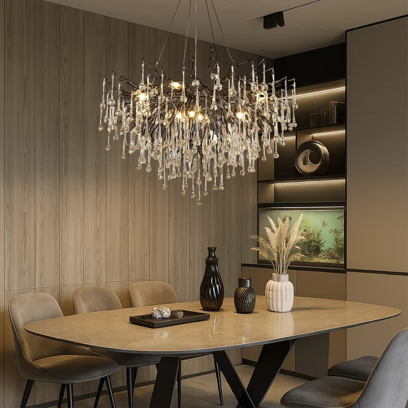 Zwarte kroonluchter raindrop aluminium kristal 60-120 cm woonkamer eetkamer luxe verlichting grote ruimte design | Sansoti