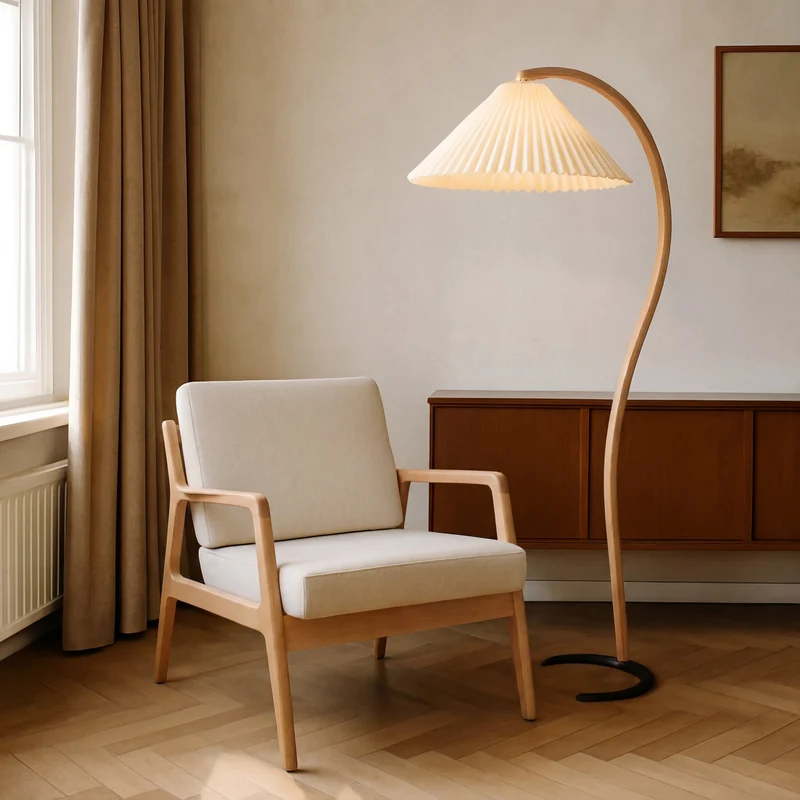 Caprani vloerlamp beukenhout linnen Ø75xH59 inch woonkamer verlichting Scandinavisch design booglamp leeslamp | Sansoti