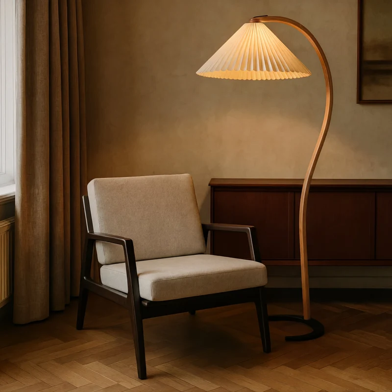 Caprani vloerlamp beukenhout linnen Ø75xH59 inch woonkamer verlichting Scandinavisch design booglamp leeslamp | Sansoti