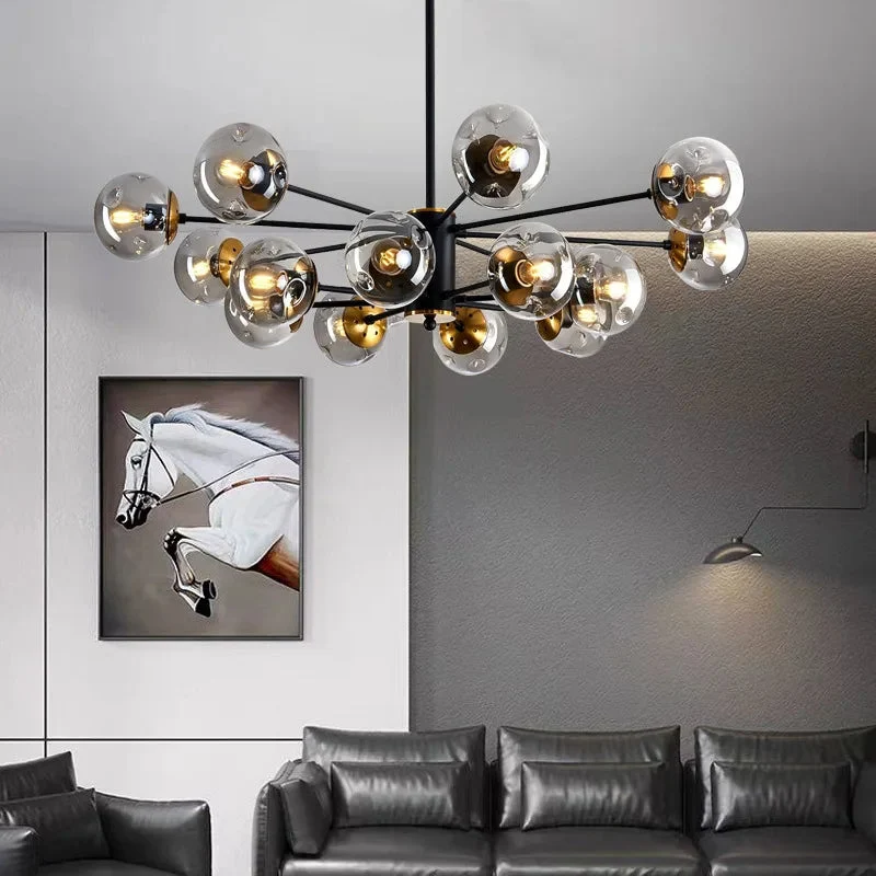 Scandinavische kroonluchter Ida glas ijzer zwart woonkamer eetkamer moderne hanglamp design verlichting bolvormig | Sansoti