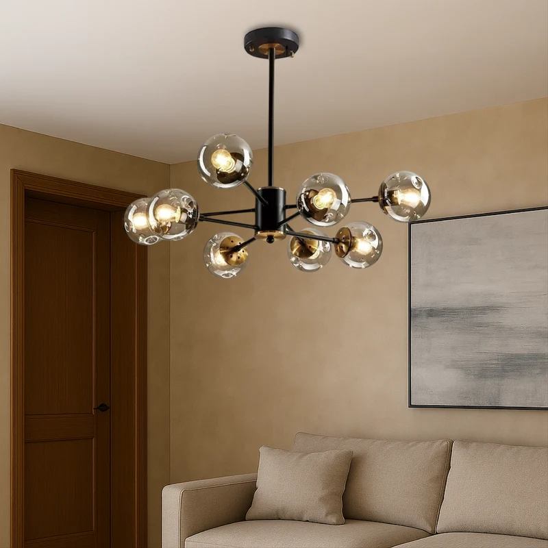 Scandinavische kroonluchter Ida glas ijzer zwart woonkamer eetkamer moderne hanglamp design verlichting bolvormig | Sansoti