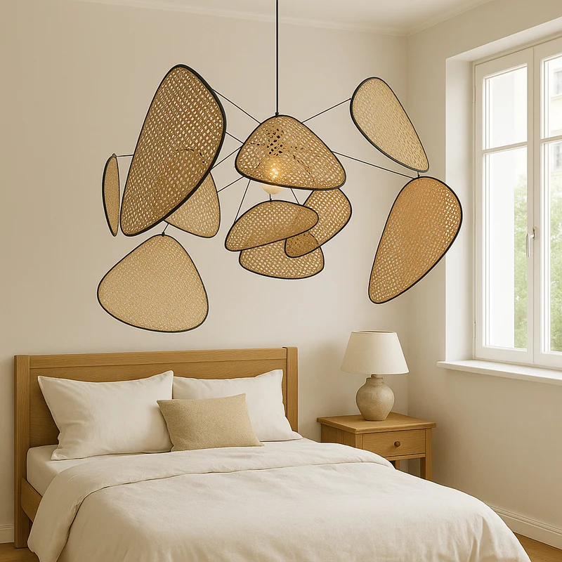 Rotan hanglamp LED 3000K warm wit slaapkamer eethoek organisch design rotan verlichting plafondlamp natuurlijke stijl | Sansoti