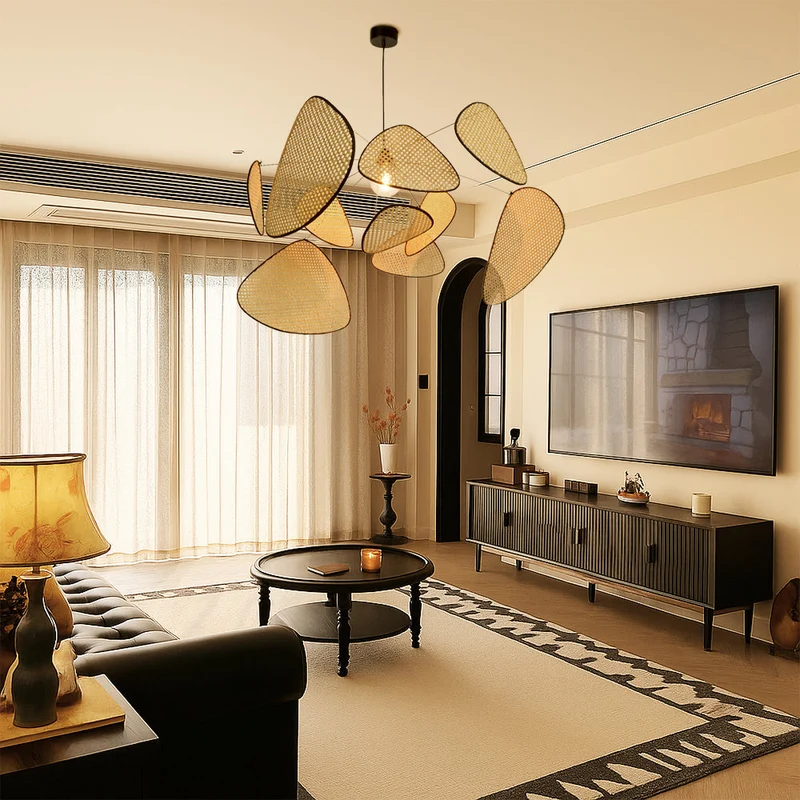 Rotan hanglamp LED 3000K warm wit slaapkamer eethoek organisch design rotan verlichting plafondlamp natuurlijke stijl | Sansoti