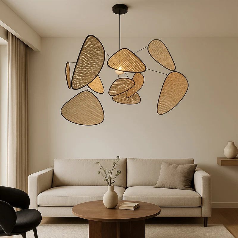 Rotan hanglamp LED 3000K warm wit slaapkamer eethoek organisch design rotan verlichting plafondlamp natuurlijke stijl | Sansoti