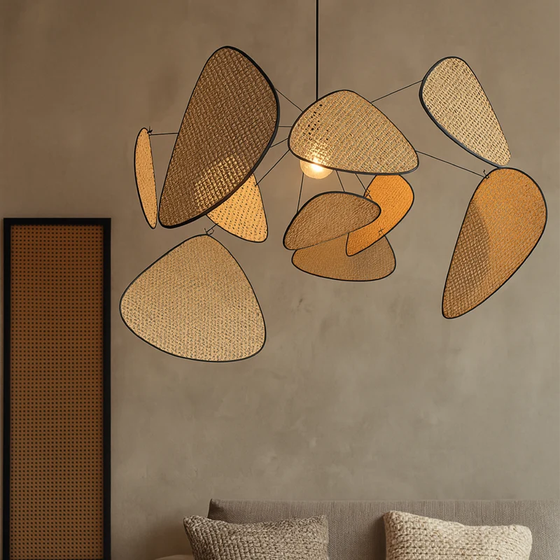 Rotan hanglamp LED 3000K warm wit slaapkamer eethoek organisch design rotan verlichting plafondlamp natuurlijke stijl | Sansoti