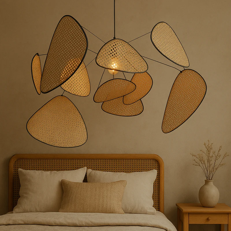 Rotan hanglamp LED 3000K warm wit slaapkamer eethoek organisch design rotan verlichting plafondlamp natuurlijke stijl | Sansoti