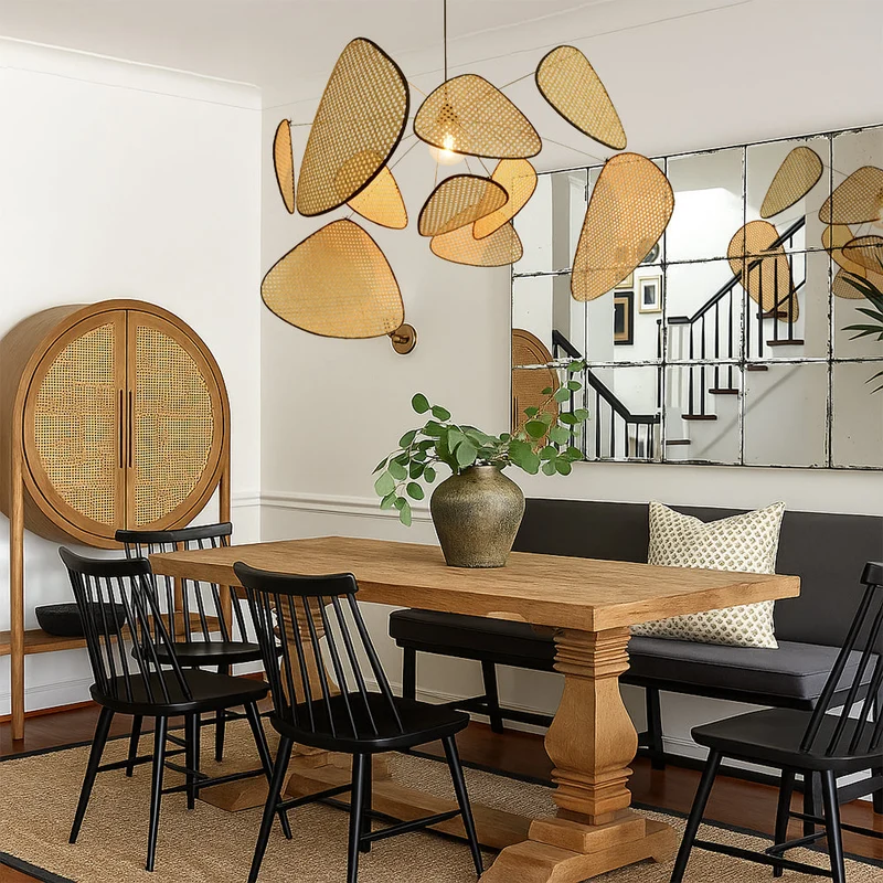 Rotan hanglamp LED 3000K warm wit slaapkamer eethoek organisch design rotan verlichting plafondlamp natuurlijke stijl | Sansoti
