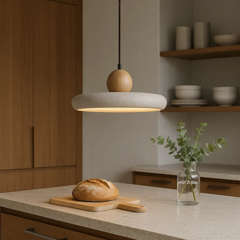Travertijn Hout Hanglamp LED Ø30cm Beige Eetkamer Scandinavisch Minimalistisch Design Natuursteen Hanglamp Verlichting | Sansoti
