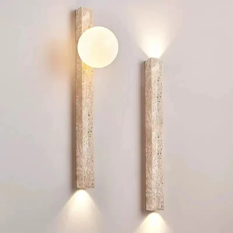 Japandi Wandlamp Steen Travertijn LED Kaki Wabi-sabi Sfeerverlichting Woonkamer Slaapkamer Eetkamer Lange Wandkandelaar 90-260V | Sansoti