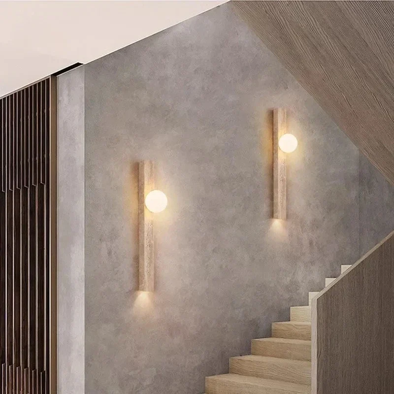 Japandi Wandlamp Steen Travertijn LED Kaki Wabi-sabi Sfeerverlichting Woonkamer Slaapkamer Eetkamer Lange Wandkandelaar 90-260V | Sansoti