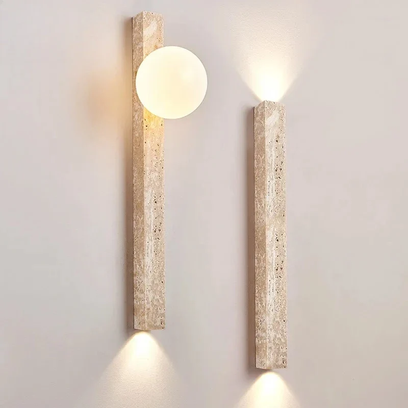 Japandi Wandlamp Steen Travertijn LED Kaki Wabi-sabi Sfeerverlichting Woonkamer Slaapkamer Eetkamer Lange Wandkandelaar 90-260V | Sansoti